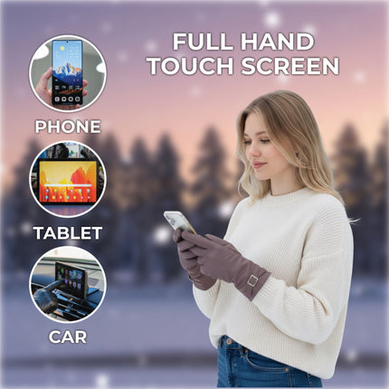 Womens Nude Beige Italian Leather Winter Buckle Soft Wool Lining Gloves - L-GLV-601