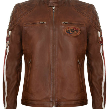 Men’s Classic Striped Racing Leather Jacket- Barcelona