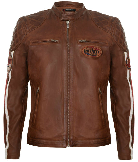 Men’s Classic Striped Racing Leather Jacket- Barcelona
