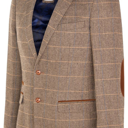 Marc Darcy Mens Tweed Blazer DX7 Tan Brown Check Herringbone Smart Formal Jacket