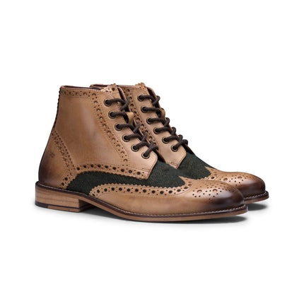 Mens Classic Oxford Tan Leather Gatsby Brogue Ankle Boots With Green Tweed