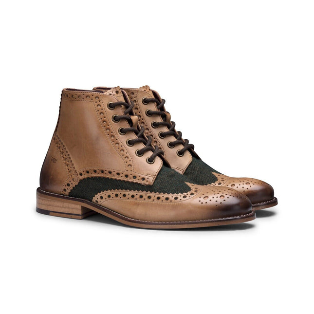 Mens Classic Oxford Tan Leather Gatsby Brogue Ankle Boots With Green Tweed