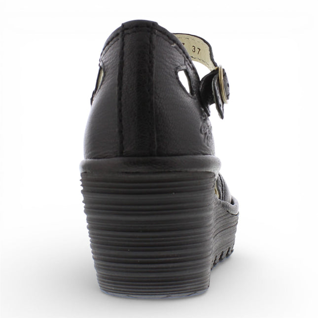 Fly London Women's Yuna Black Leather Wedge Sandals