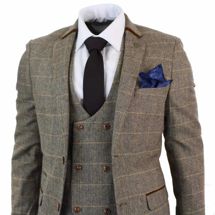 Mens 3 Piece Tan Herringbone Tweed Check Suit