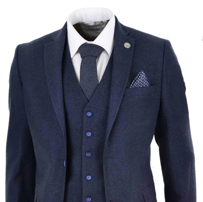 Mens 3 Piece Navy Blue Wool Tweed Vintage Retro Suit