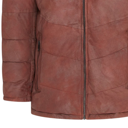 Men's Tan Brown Leather Quilted Jacket Hooded Puffer Winter Coat - Olyic