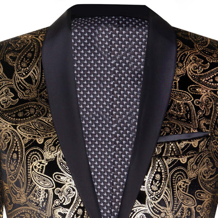 Mens Classic Gold Paisley Black Velvet Tuxedo Dinner Jacket Tailored Fit Blazer