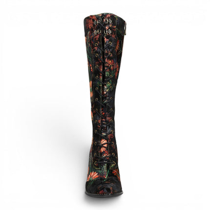 Laura Vita Women's Black Victorian Floral Leather Knee-High Heeled Boots - Oanelo-02