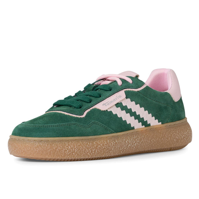 Tamaris Womens Green Pink Leather Fashion Stripe Lace Up Sneakers