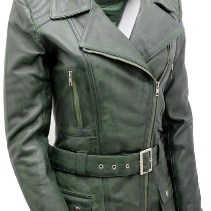 Womens Long Leather Biker Jacket-Quito