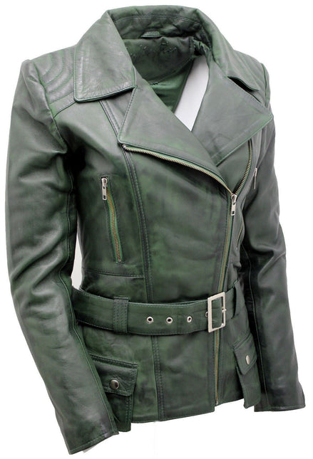 Womens Long Leather Biker Jacket-Quito