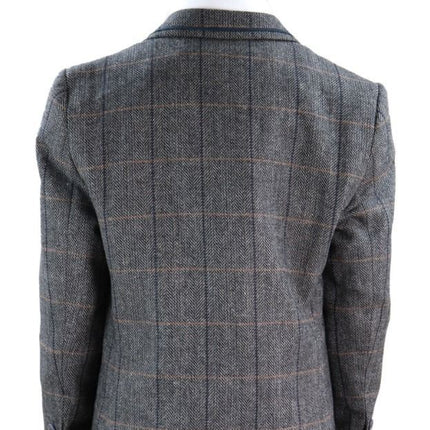 Boys 3 Piece Charcoal Grey Herringbone Tweed Check Classic  Suit