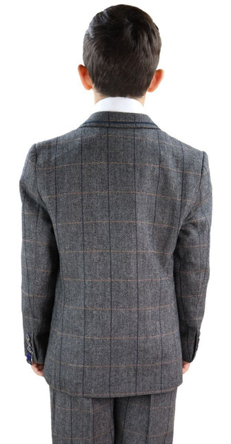 Boys 3 Piece Charcoal Grey Herringbone Tweed Check Classic  Suit