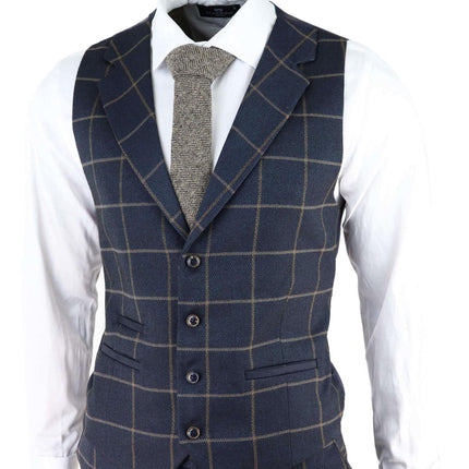 Mens Navy Blue Check 3 Piece Tweed Suit Peaky Blinders 1920s Gatsby Tailored Fit