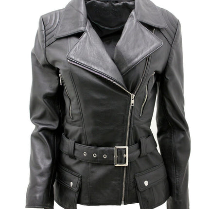 Womens Long Leather Biker Jacket-Quito
