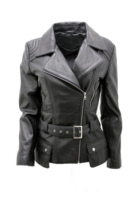 Womens Long Leather Biker Jacket-Quito