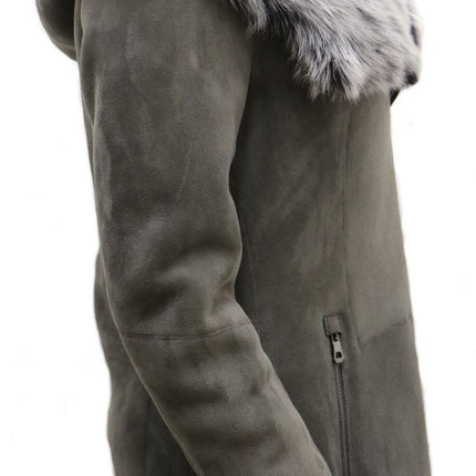 Womens Grey Suede Hooded Merino Sheepskin Coat-Monrovia