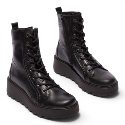 Fly London Womens Black Leather Lace-Up Wedge Heel Combat Boots - TERY554