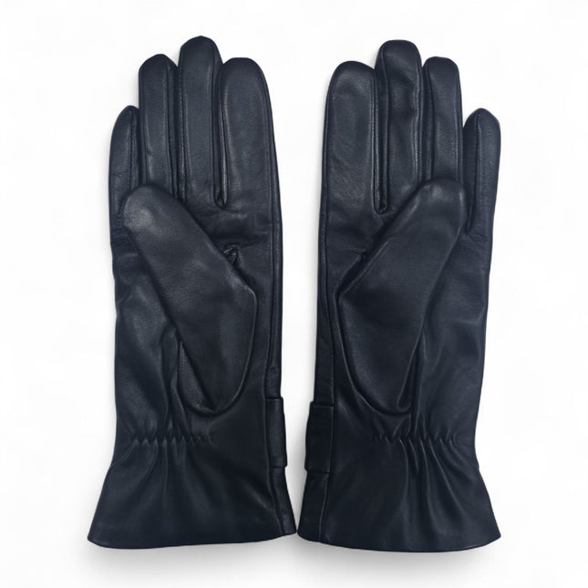 Womens Black Italian Leather Winter Bow Design Soft Wool Lining Gloves - L-GLV-401