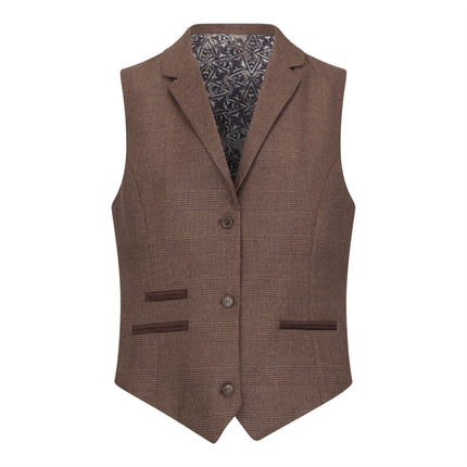 Women's Brown Three-Piece Tailored Fit Suit in Prince of Wales Check