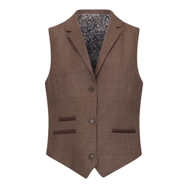 Women's Brown Three-Piece Tailored Fit Suit in Prince of Wales Check
