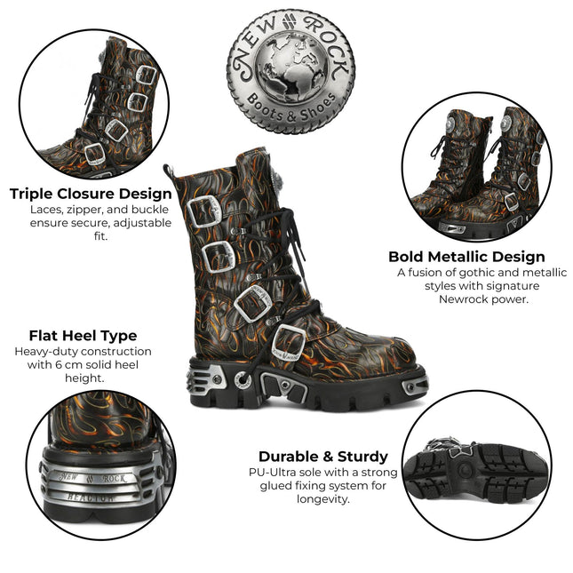 New Rock M-591-C62 Mid-Calf High Black Flame Leather Metallic Gothic Boots
