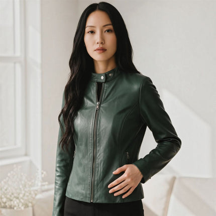Womens Green Leather Stand Collar Racer Biker Jacket - 181
