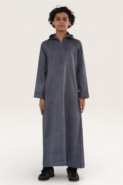 Kids Boys Hooded Eid Grey Moroccan Jubba Robe Ramadan Eid Thobe - K-HM12