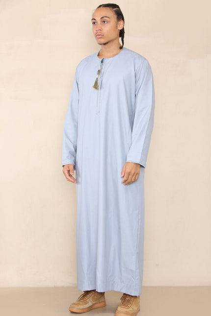 Mens Blue Thobe Jubba Saudi Islamic Arab Eid Emirati Kaftan Jubbah Tassel Robe