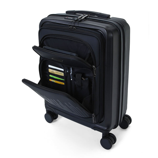 Hybrid ABS+PU Hard Shell Black Suitcase Set 8 Wheel Front Pocket Luggage