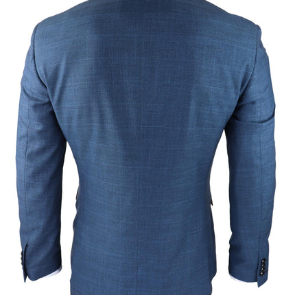 Mens 3 Piece Blue Suit Prince Of Wales Check Classic Light Tailored Fit Modern