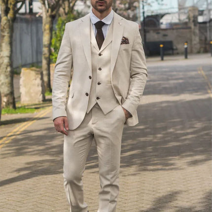 Men's Beige 3 Piece Linen Formal Summer Wedding Suit