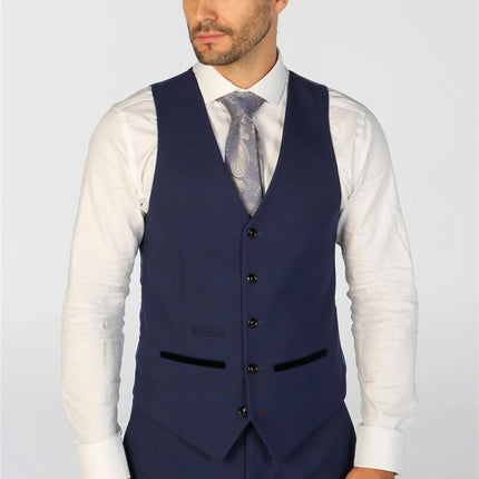 Men's Navy Checked 3 Piece Suit Tailored Fit Suit Formal Wedding