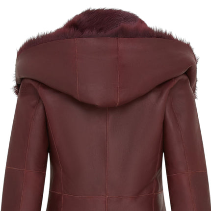 Womens Burgundy Red Toscana Sheepskin Leather Hooded Trench Coat - Coast