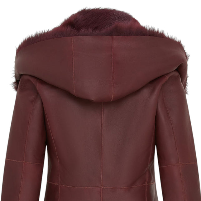 Womens Burgundy Red Toscana Sheepskin Leather Hooded Trench Coat - Coast