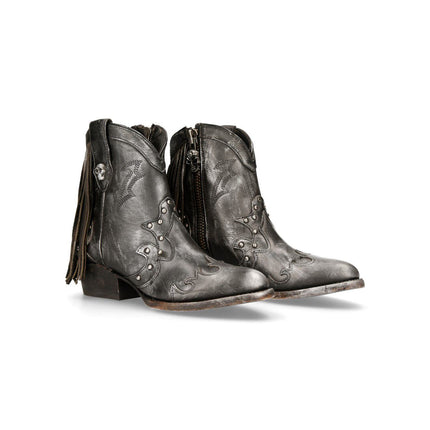 New Rock Grey Leather Fringed Pointed Cowboy Boots - WSTM003-S1