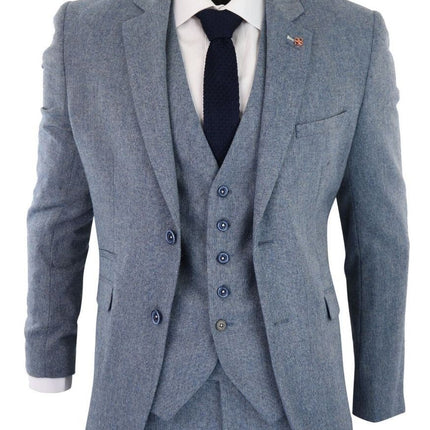 Mens 3 Piece Light Blue Tweed Tailored Fit Retro Classic Suit