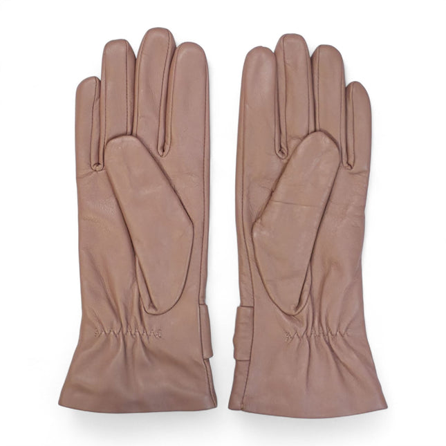 Womens Nude Beige Italian Leather Winter Bow Design Soft Wool Lining Gloves - L-GLV-401