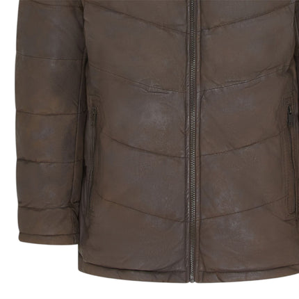 Men's Brown Leather Quilted Jacket Hooded Puffer Winter Coat - Olyic