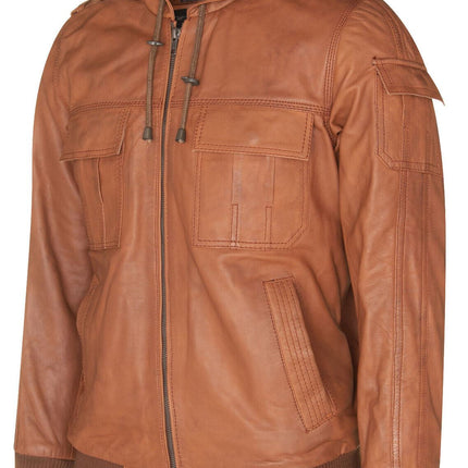 Mens Tan Leather Hooded Bomber Jacket - Tirana