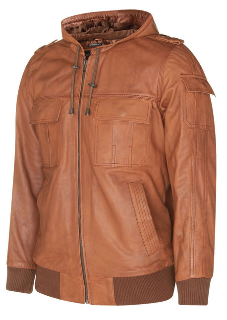 Mens Tan Leather Hooded Bomber Jacket - Tirana