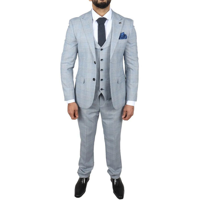 Men's Blue Checked 3 Piece Suit Tailored Fit Suit Formal Wedding