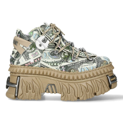New Rock M-106Wall-C49 Dollar Bill Print Leather Platform Ankle Boots