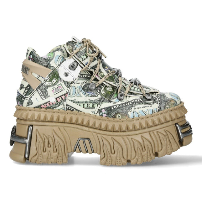 New Rock M-106Wall-C49 Dollar Bill Print Leather Platform Ankle Boots