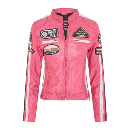Womens Biker Racing Badges Fuschia Leather Jacket-Eastleigh