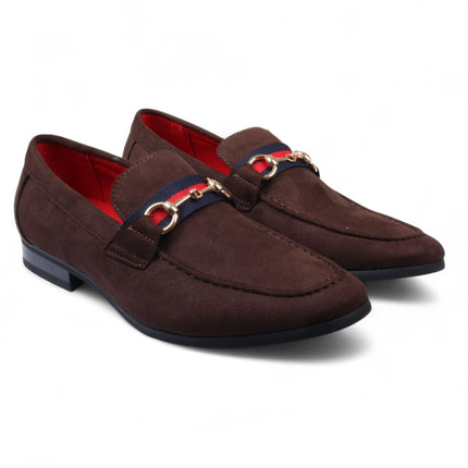 Men's Brown Suede Loafers with Gold Buckle Slip-On Dress Shoes