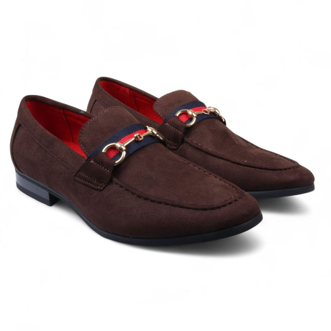 Men's Brown Suede Loafers with Gold Buckle Slip-On Dress Shoes