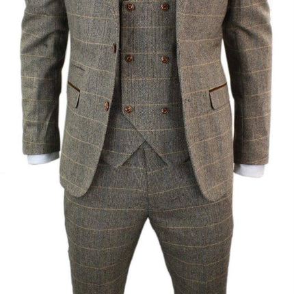 Mens 3 Piece Tan Herringbone Tweed Check Suit