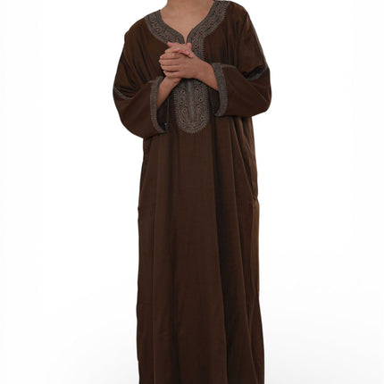 Kids Boys Ramadan Dark Brown Moroccan Thobe Robe Djellaba Gandoura Eid Jubba- K-HM67