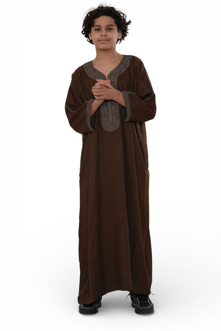 Kids Boys Ramadan Dark Brown Moroccan Thobe Robe Djellaba Gandoura Eid Jubba- K-HM67